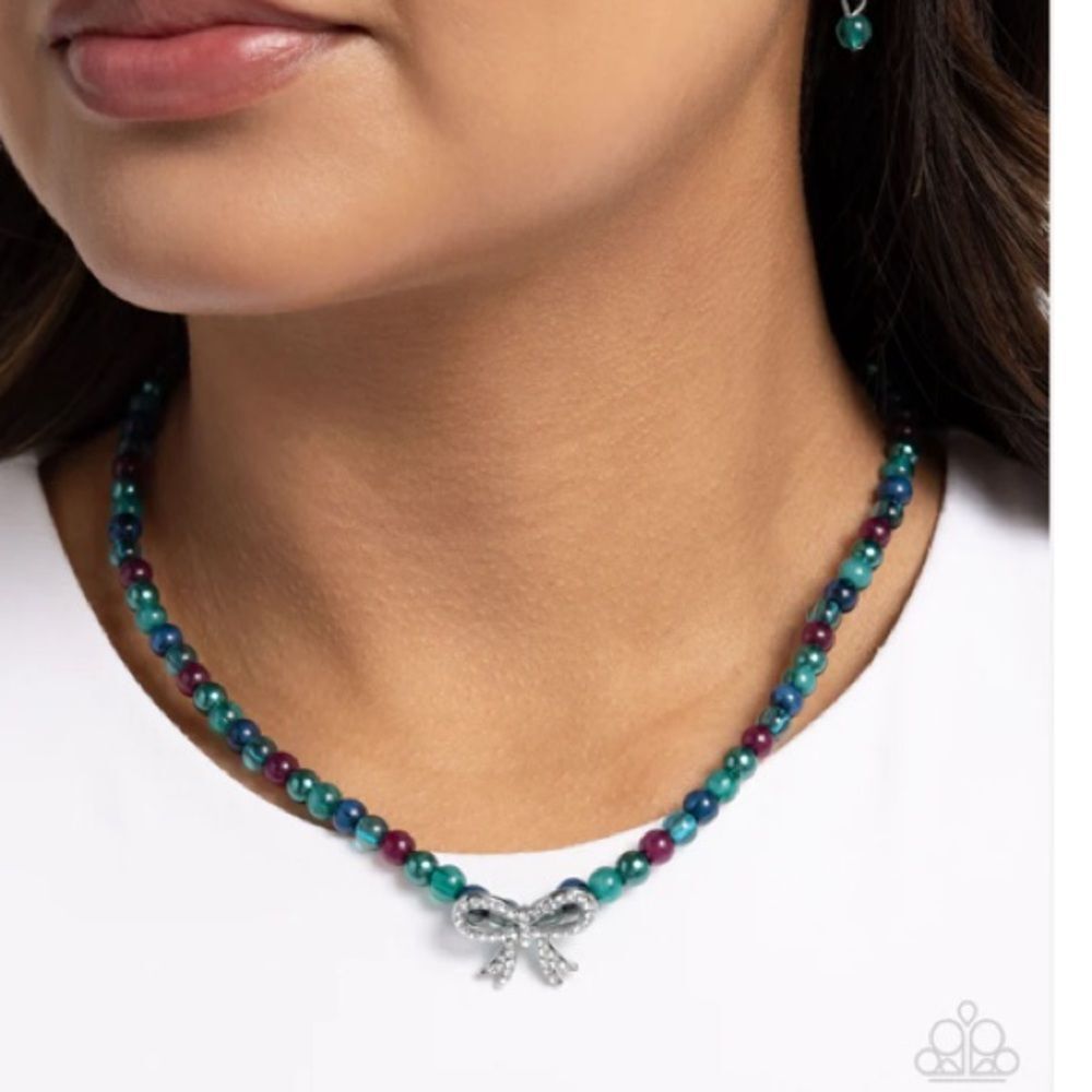 Paparazzi Elegant Empress Beaded Rhinestone Bow Necklace Adjustable Silver New